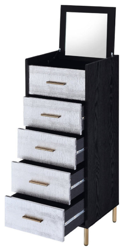 Benzara BM274615 5 Drawer Jewelry Storage Chest & Gold Legs, Black and Silver