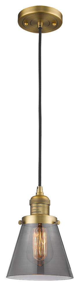Small Cone 1-Light LED Pendant, Brushed Brass, Glass: Smoked
