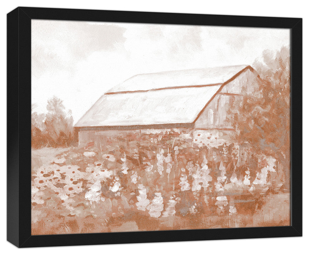 Barn Peachy Flower Field Framed Canvas 16x20 Black Framed Canvas
