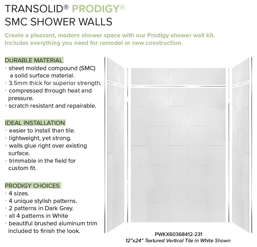 Transolid PWKX60368412-231 Prodigy 60"x36"x96" Shower Wall Kit, White Vertical