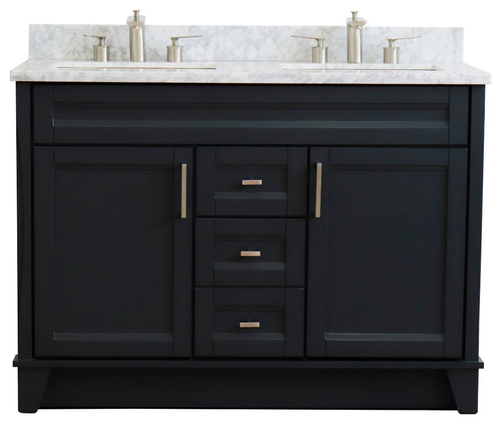 48" Double Sink Vanity, Dark Gray Finish With White Carrara Marble