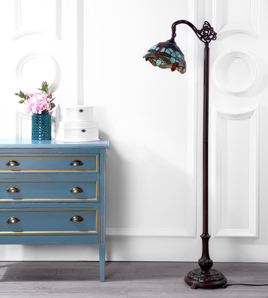 Dragonfly Tiffany-Style 60" Arched Floor Lamp, Bronze