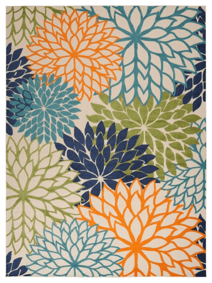 9' X 12' Orange Green And Blue Floral Non Skid Indoor Outdoor Area Rug