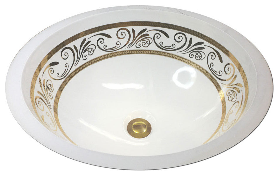 Hand Painted Sink "Renaissance Scrolling" bright gold Monaco Medium Undermount.
