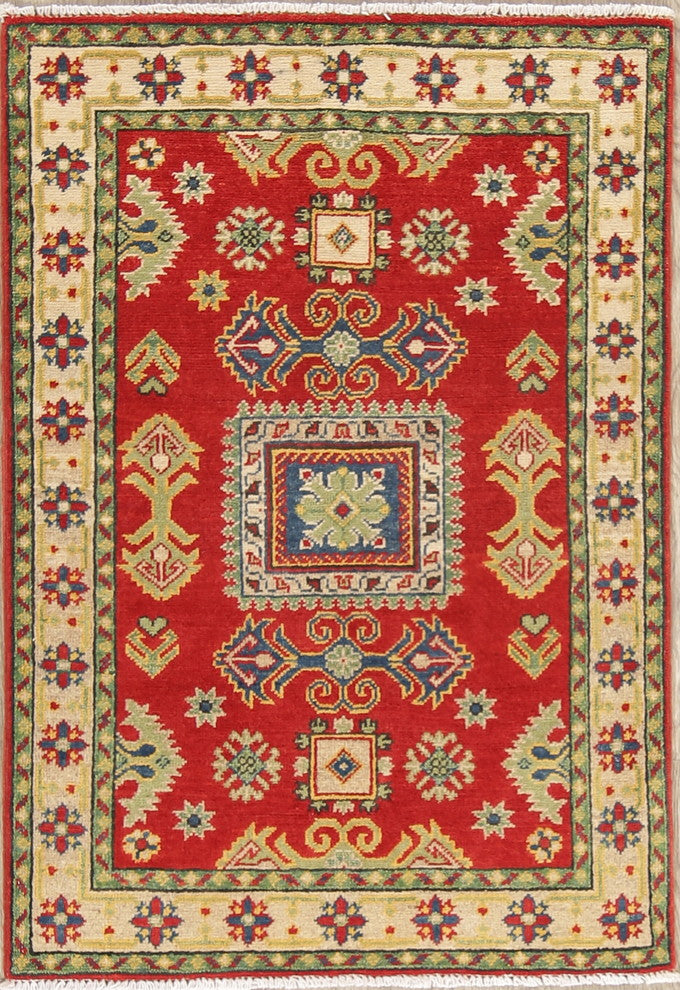 Kazak Traditional Wool Handmade Pakistani Oriental Area Rug, Red, 3'10"X2'8"