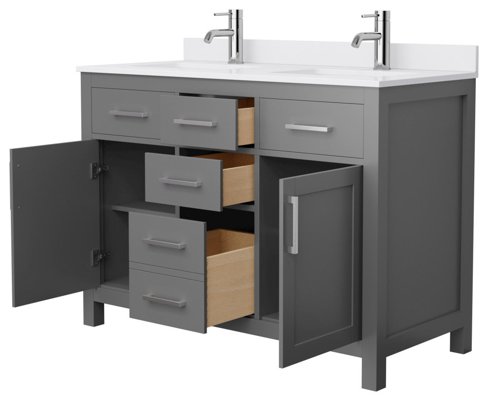 48"DBL Vanity Dark Gray, White Cult. Marble Countertop, Sinks, Nickel Trim