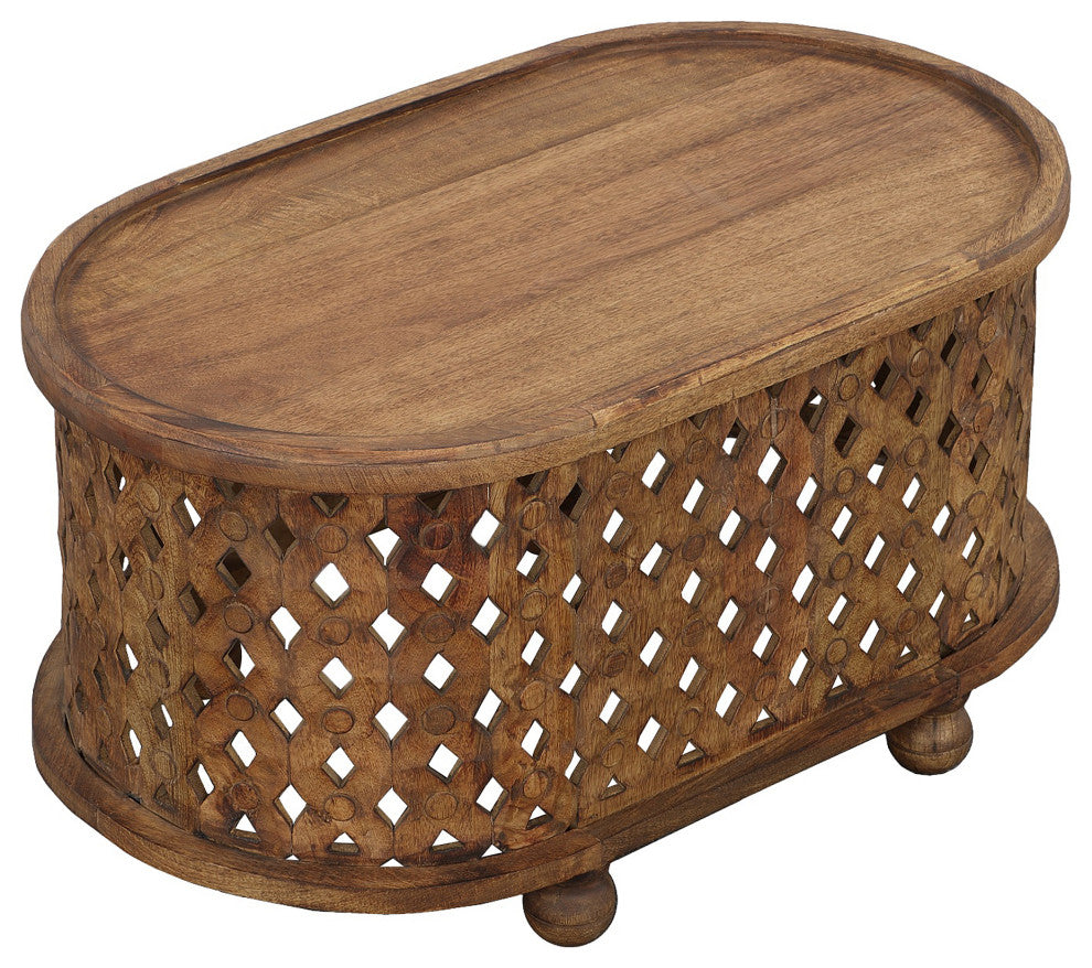 36" Handcrafted Oval Coffee Table Intricate Cutout Design Antique Brown