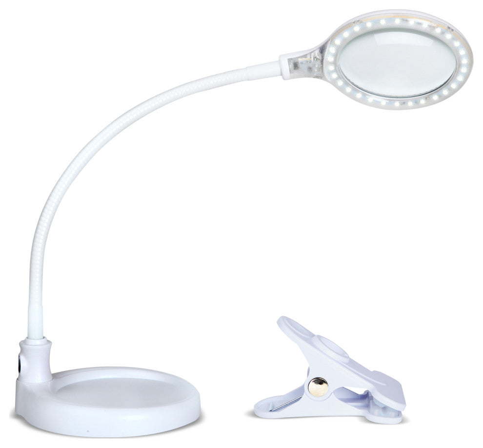 Brightech Lightview Flex 2 in 1 Desk Lamp, 5 Diopter Glass Flexible Gooseneck, White