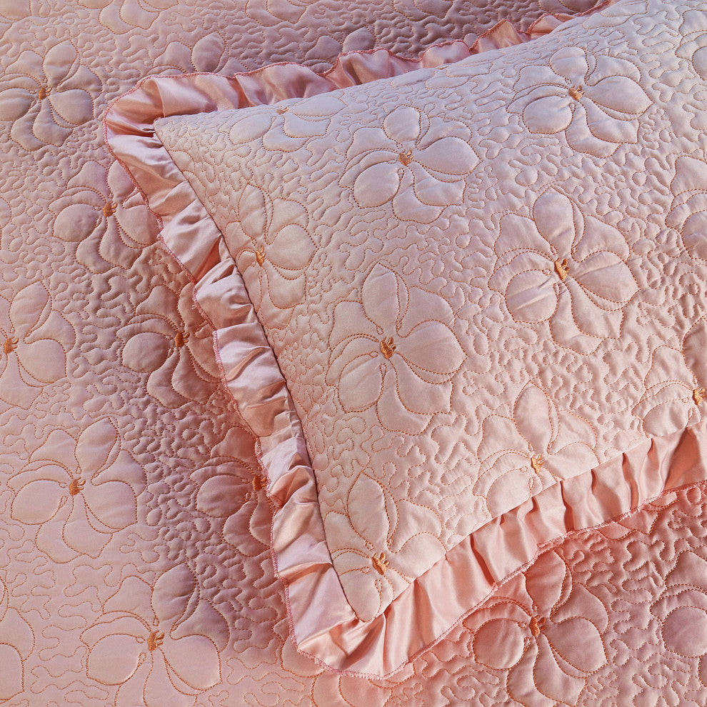 Matte Satin Ruffle 4 Piece Bed Spread Set, Pink, King