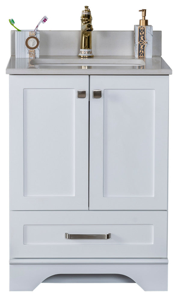 Livia Collection 24" Bath Vanity Quartz Top and Ceramic Sink, White, 24"