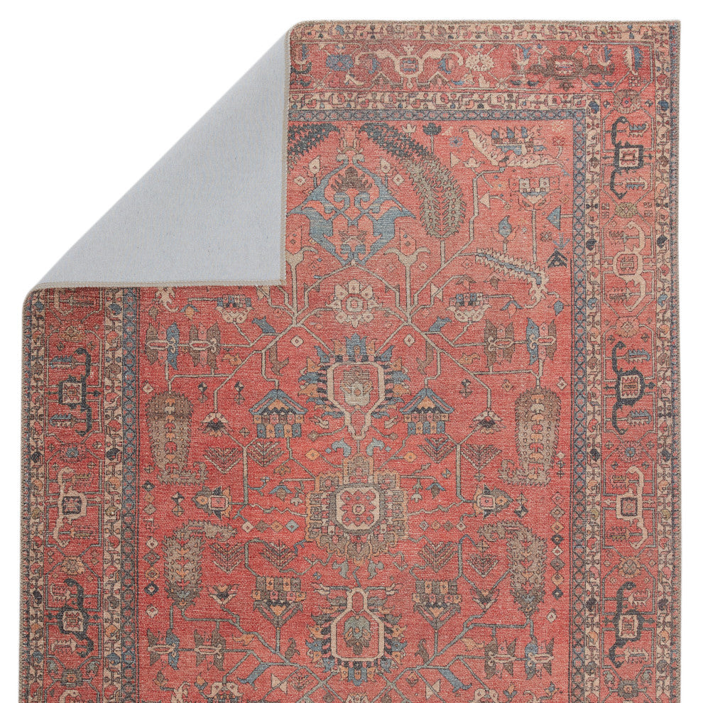 Machine Washable Galina Oriental Red and Blue Runner Rug, 6'x9'