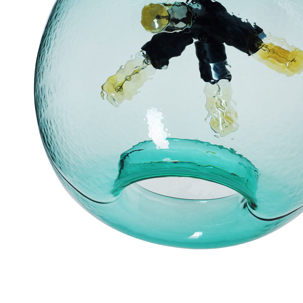 Wavy Hammered Hand Blown Glass Pendant Light, Black, 16", Green Glass