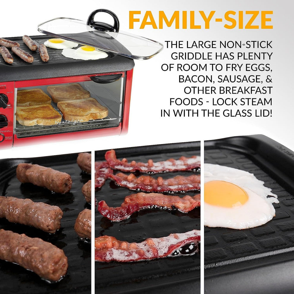 3-in-1 Breakfast Station - Includes Coffee Maker, Non-Stick Griddle, and 4-Slice, Red Breakfast Station