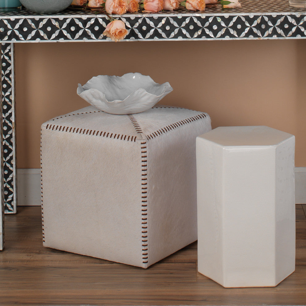 White Hide Ottoman, Small