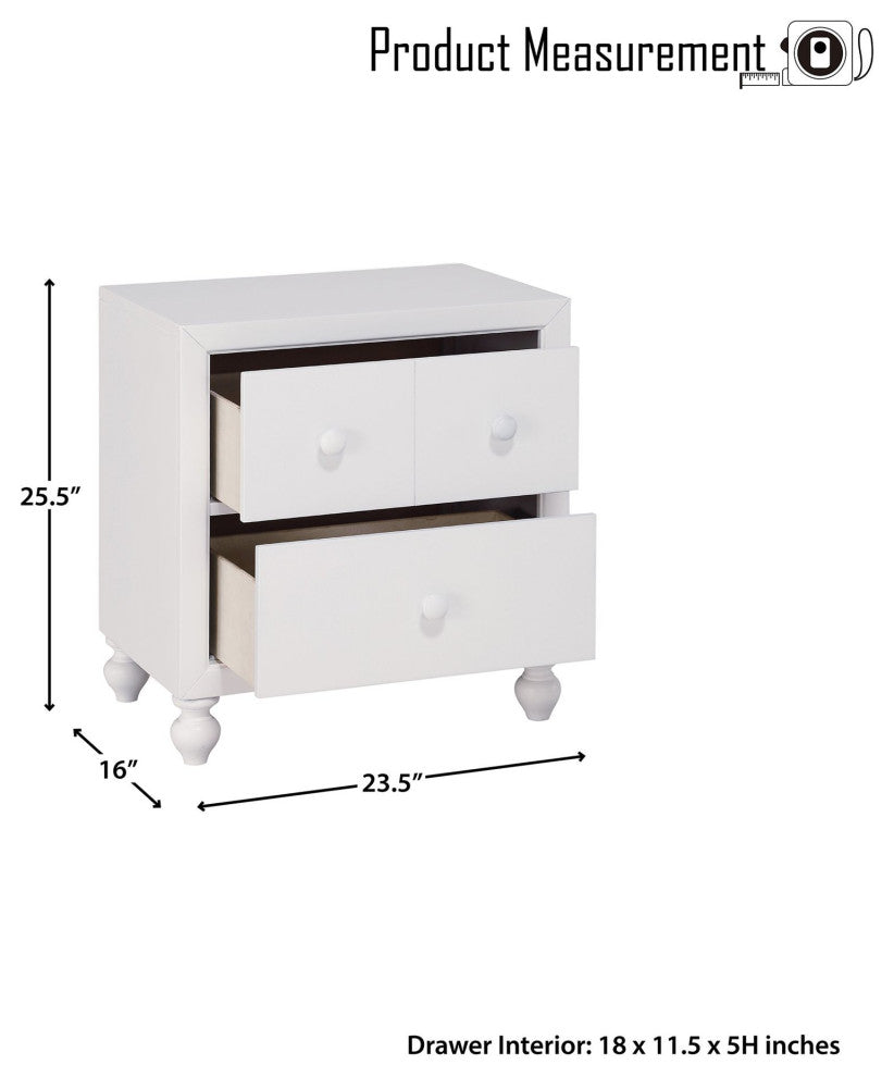 Modern Farmhouse Nightstand, Turned Bun Feet & Smooth Gliding Drawers, White, White