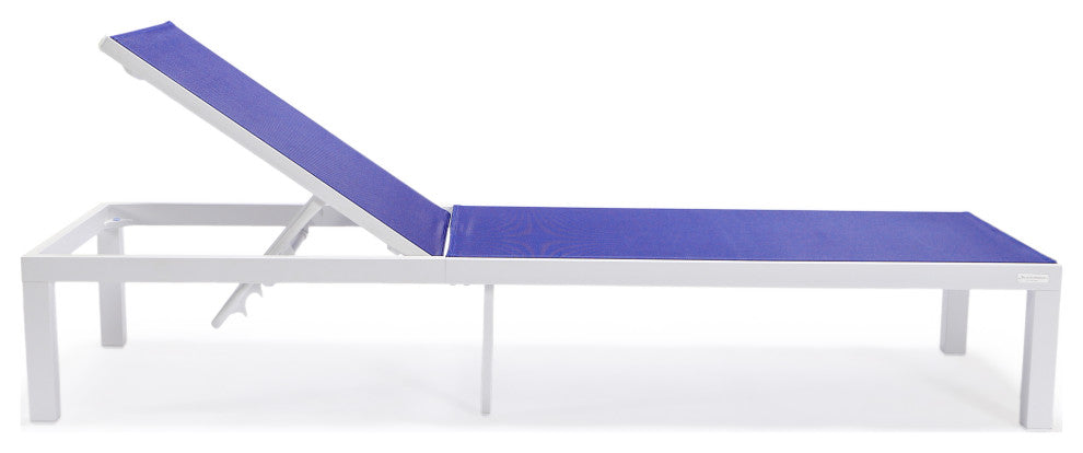 LeisureMod Marlin Patio Chaise Lounge Chair With White Frame, Navy Blue