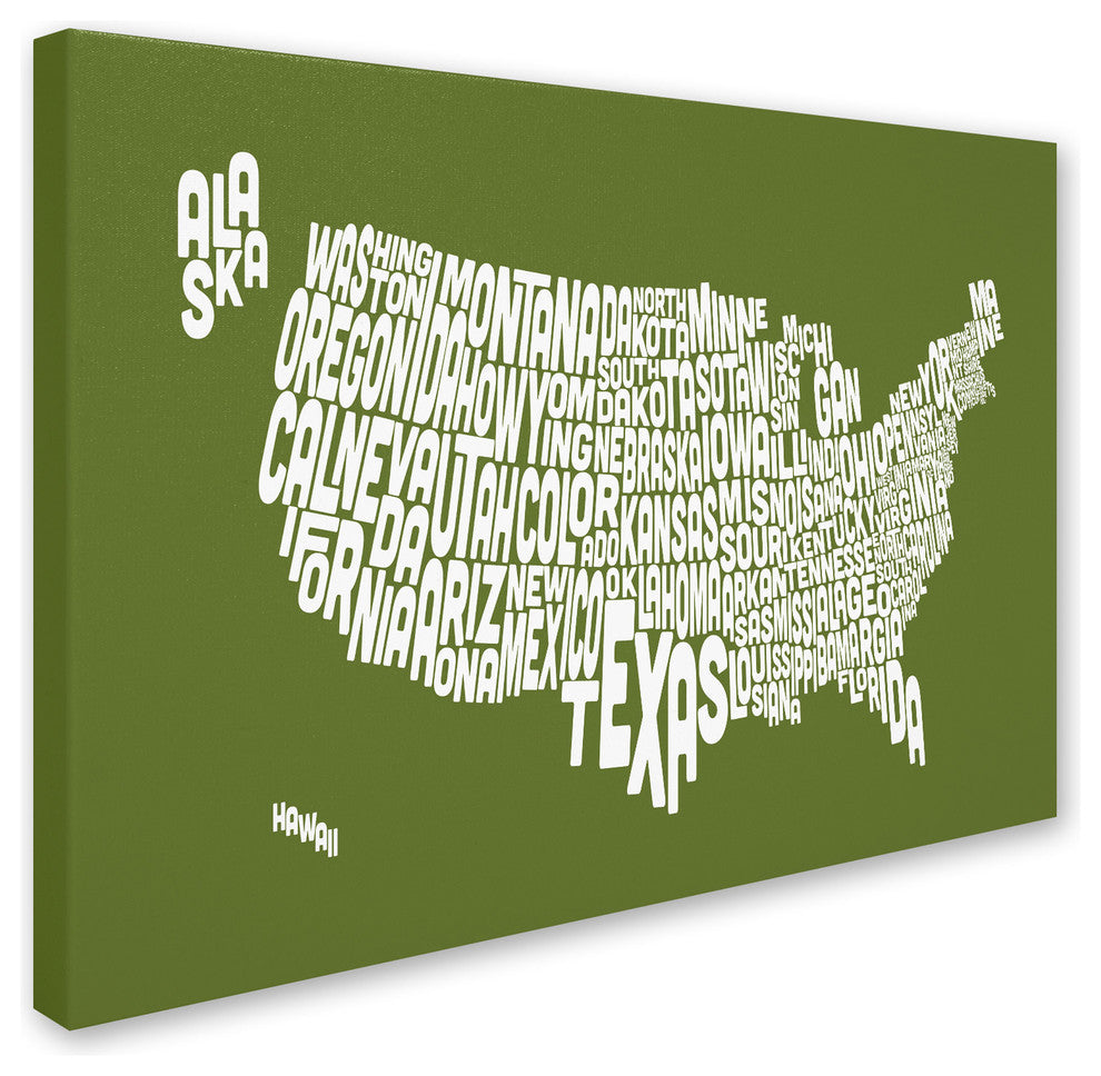 ''USA States Text Map - Olive'' Canvas Art by Michael Tompsett