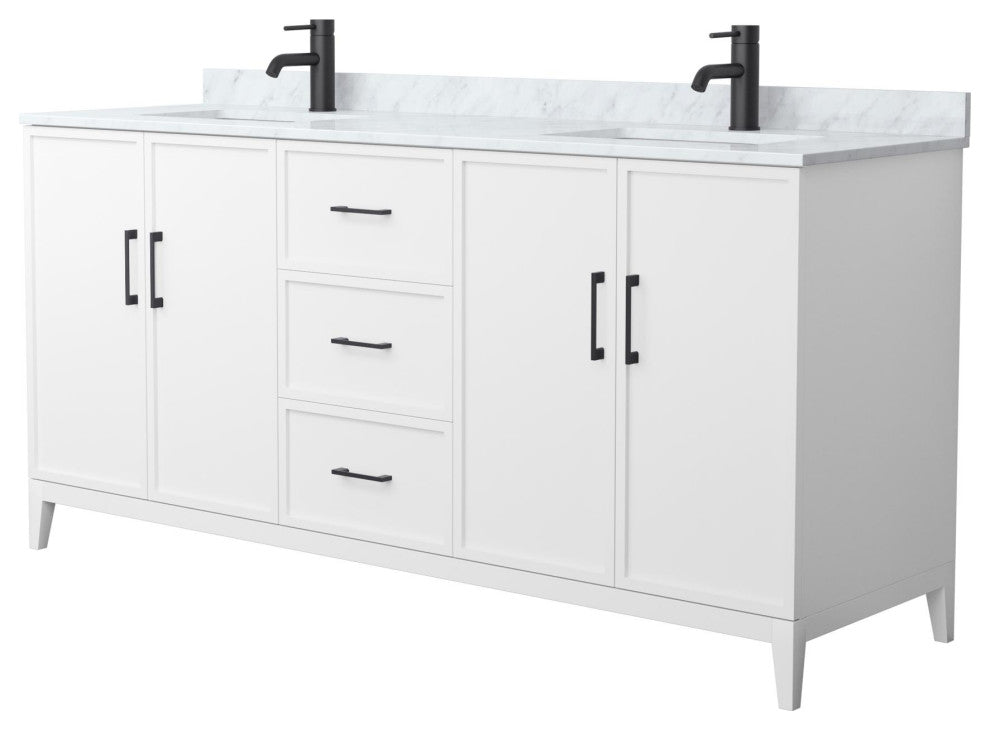 Elan 72" Double Vanity, White, White Carrara Marble Top, Black Trim