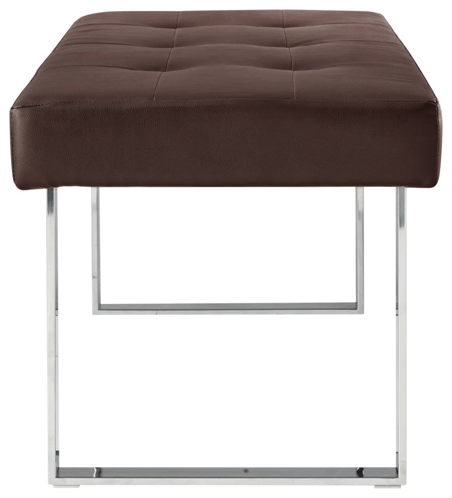 Dolores PU Leather Button Tufted Chrome Steel Square Leg Bench, Brown