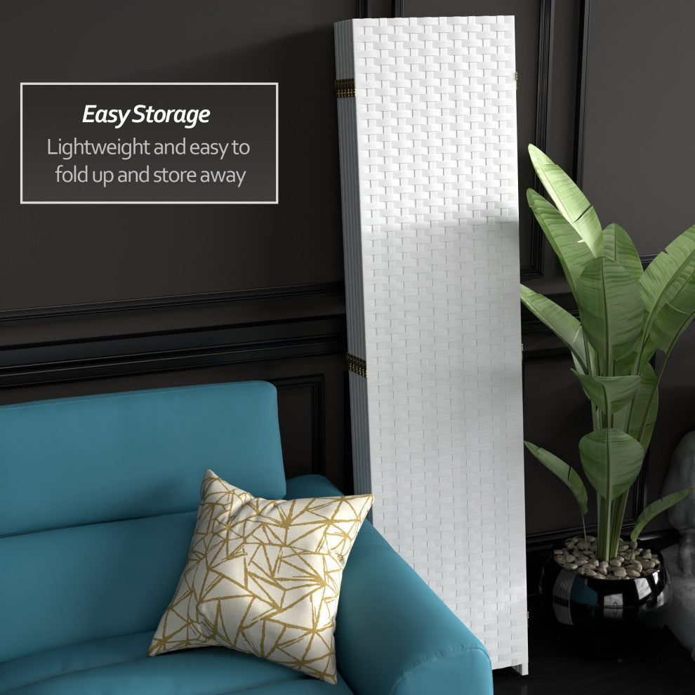 6' Tall Woven Fiber Room Divider, 6 Panel, White