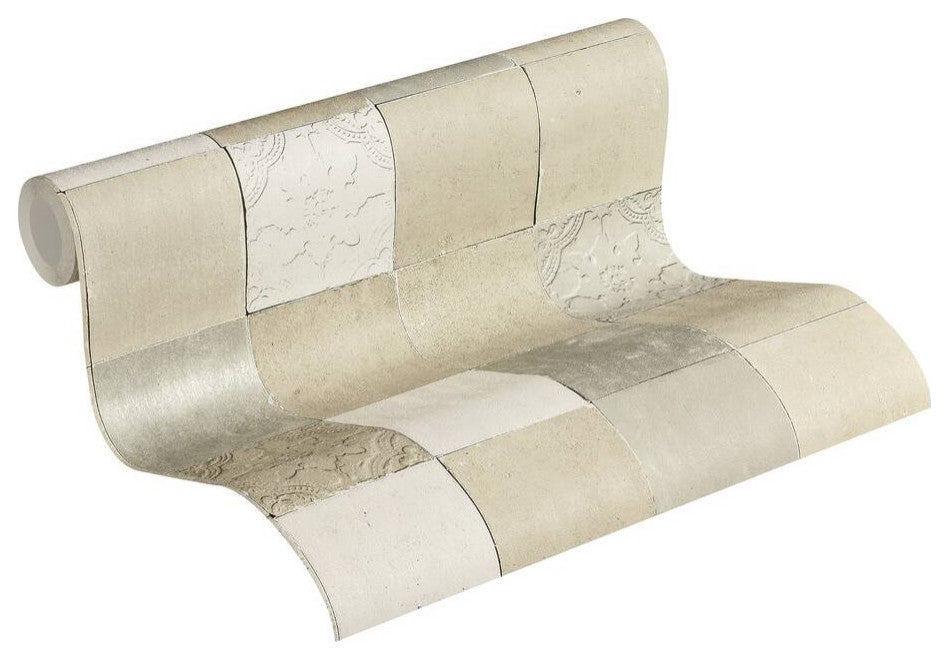 Tile Textured Wallpaper Featuring Floral And Plain Pattern, 374064