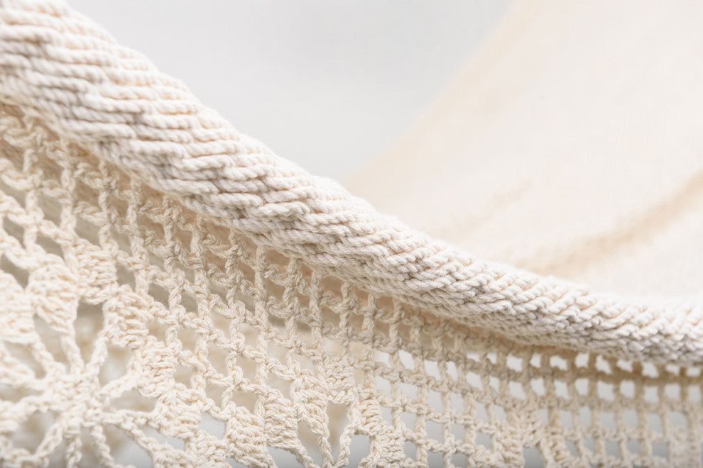 Boho Natural Cotton Hammock With Geometric Fringe, Wooden Bar