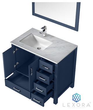 Jacques 36" Vanity, Wht Carrara Marble Top w/ 34" Mirror, Navy Blue, Left