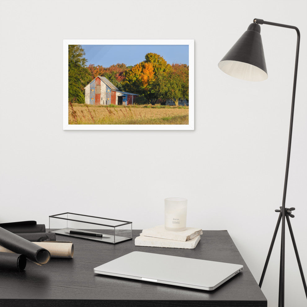 Patriotic Barn in Field Rural Landscape Framed Photo Paper Wall Art Prints, White, 12" X 18"