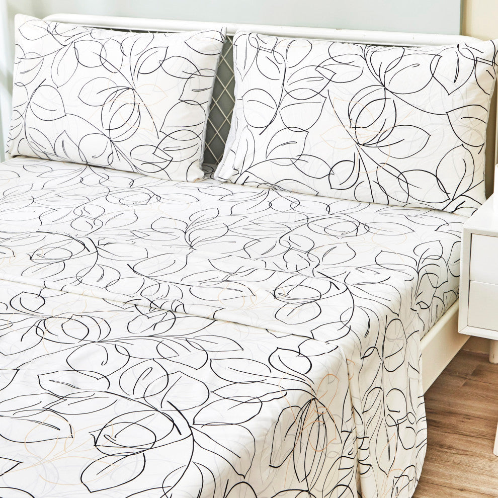 Tache Modern Leaf Foliage Abstract Floral White Grey Black Top Flat Sheet, King