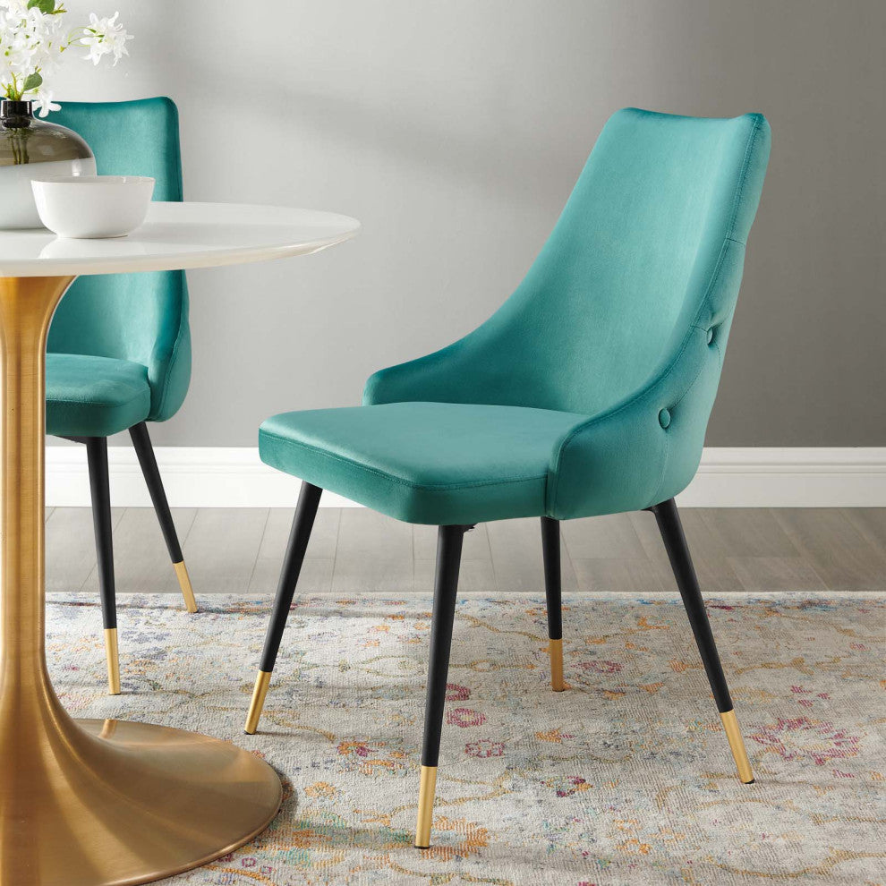 Tufted Side Dining Chair, Velvet, Teal Blue, Modern, Cafe Bistro Restaurant