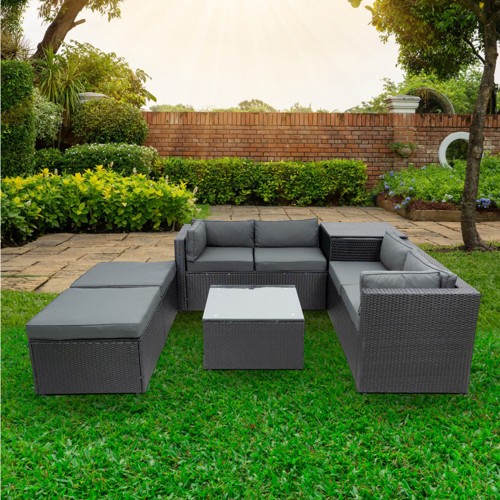 6-Pieces Outdoor Rattan Reversible Patio Sectional With Storage With Cushions