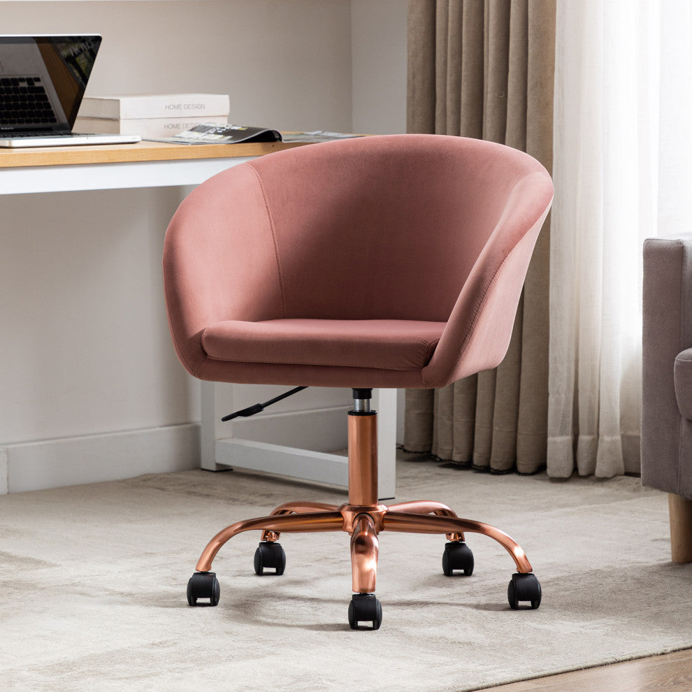 Modern Velvet Swivel Barrel Rolling Chair, Pink
