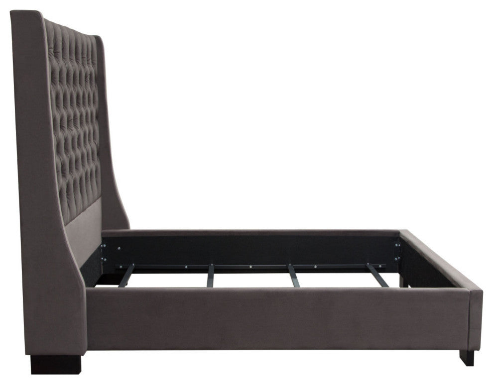 Eastern King Tufted Bed With Vintage Wing, Smoke Gray Velvet