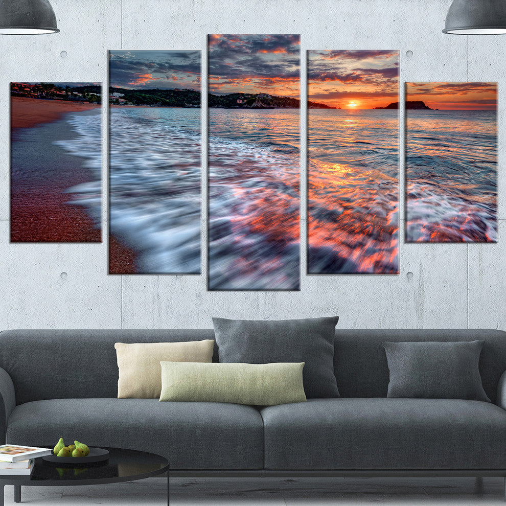 Calm Seashore with Rushing Waters, Seashore Canvas Art Print, 60"x32", 5 Panels