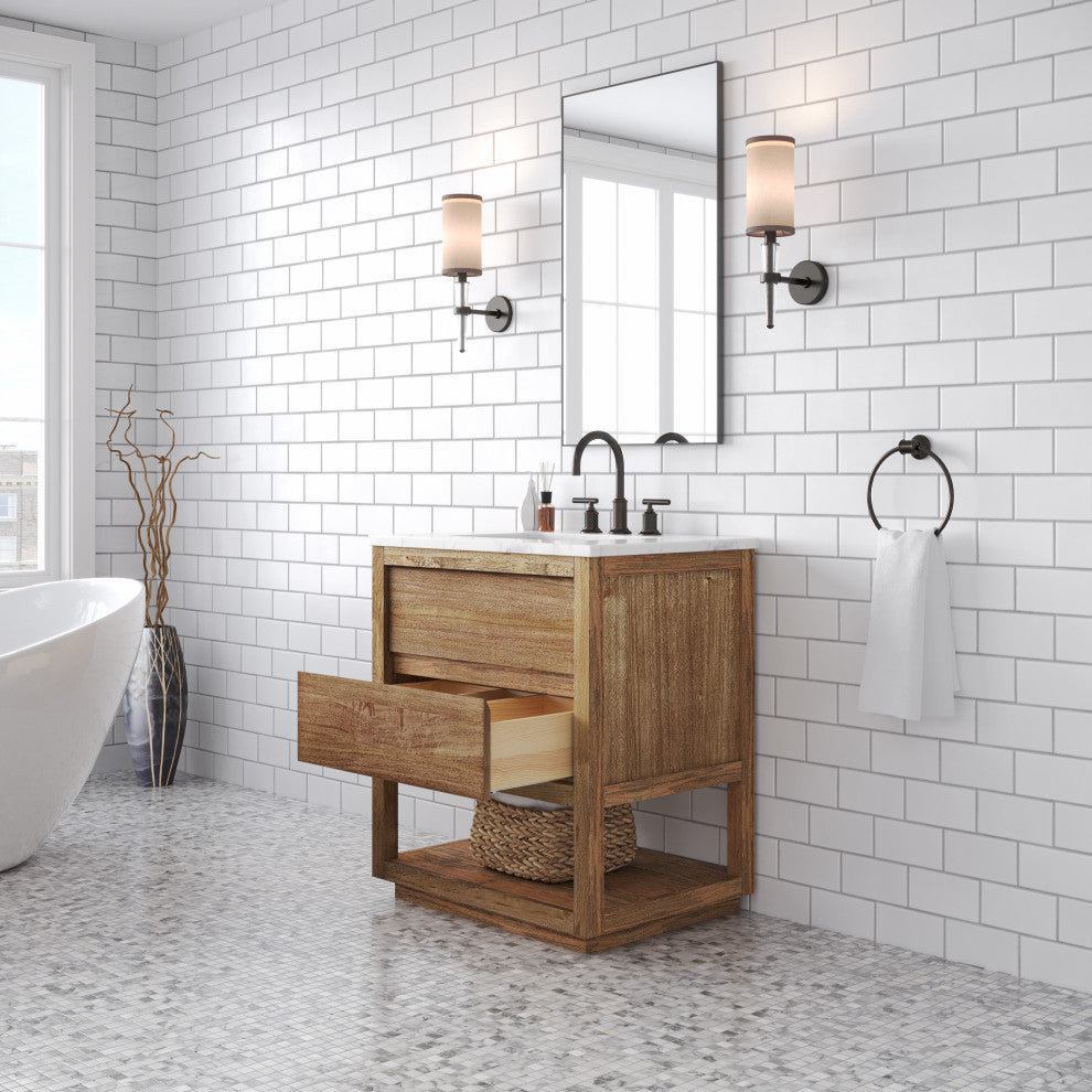 Oakman Marble Top Vanity in Mango Wood with Faucet, 30, Vanity With Orb Faucet