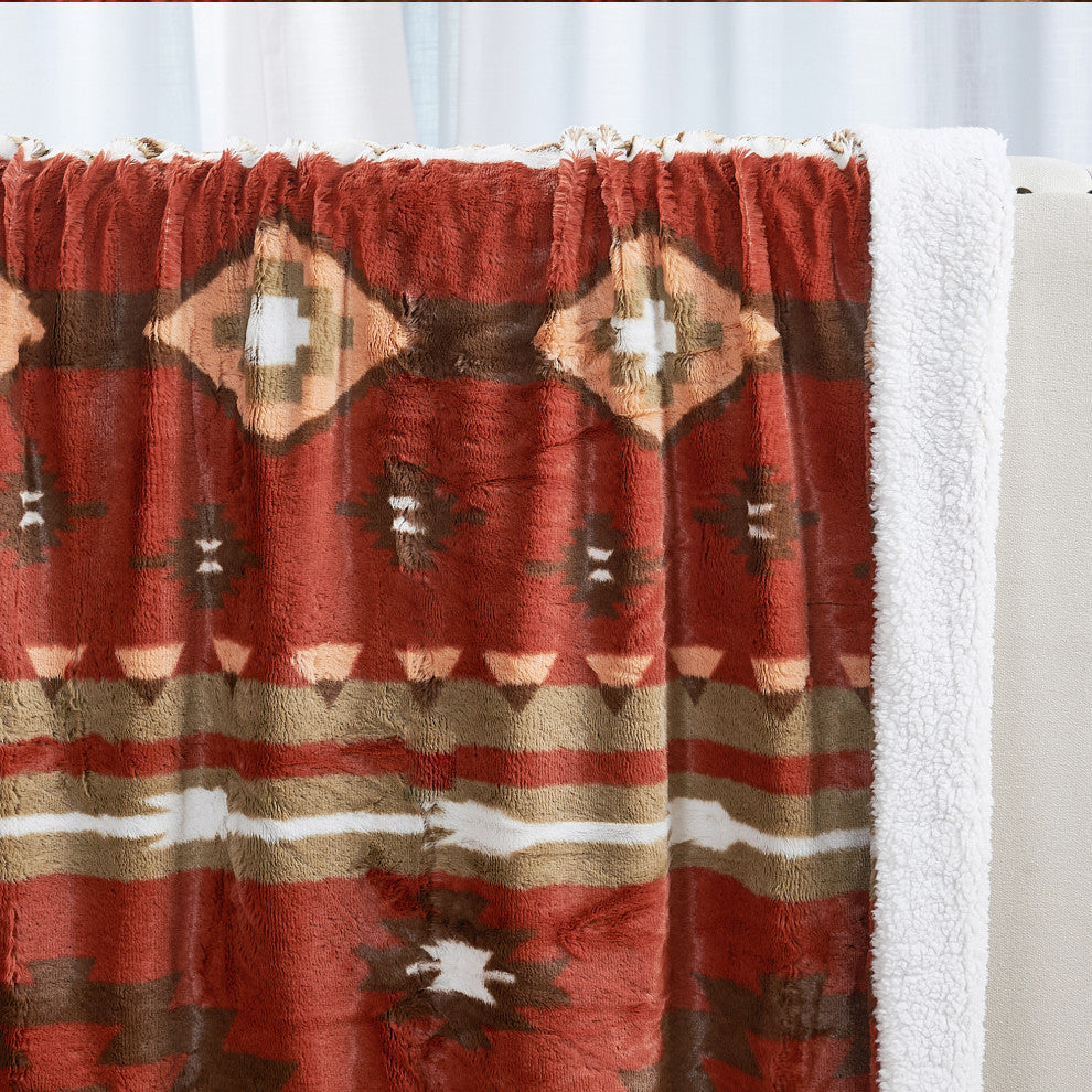 Southwest Faux Fur & Sherpa Backing Throw Blanket, Brick Red, 50" X 60"
