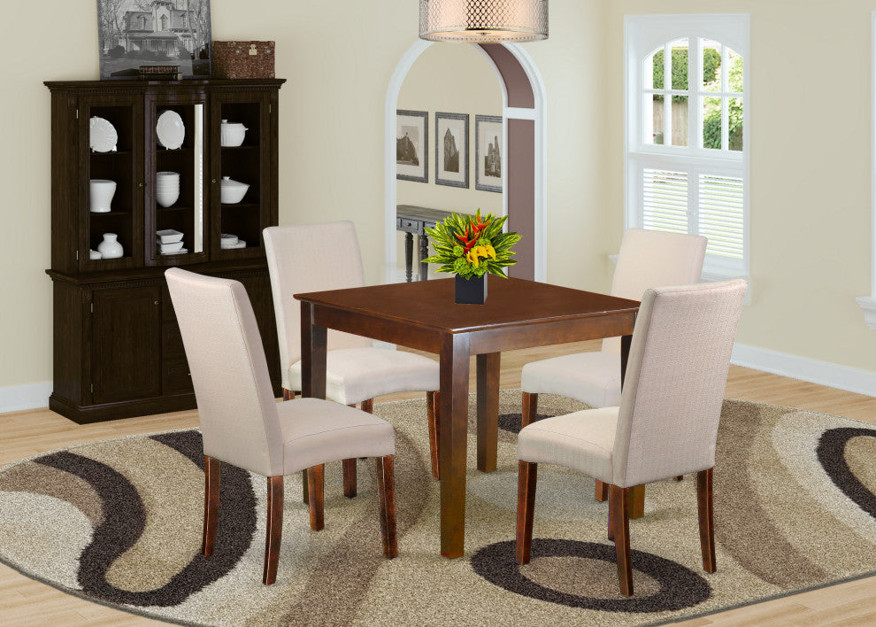 5Pc Square 36" Table, Four Parson Chair, Fabric- Cream Color