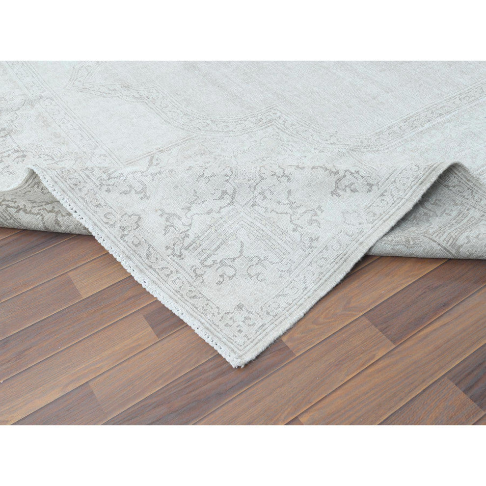 Hand Knotted, Ivory, Vintage Persian Kerman, Worn Wool Oriental Rug 9'6" x 12'5"