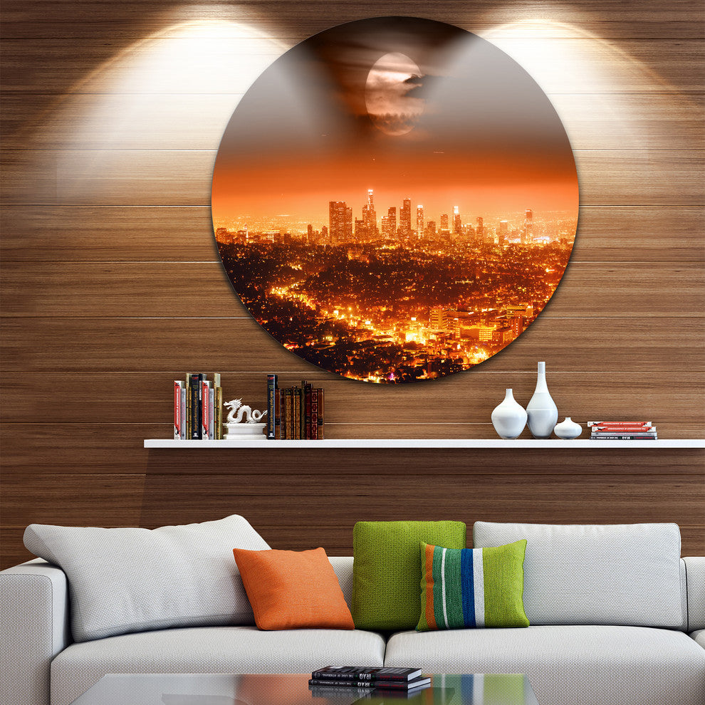 Dramatic Full Moon Over Los Angeles, Cityscape Disc Metal Wall Art, 11"