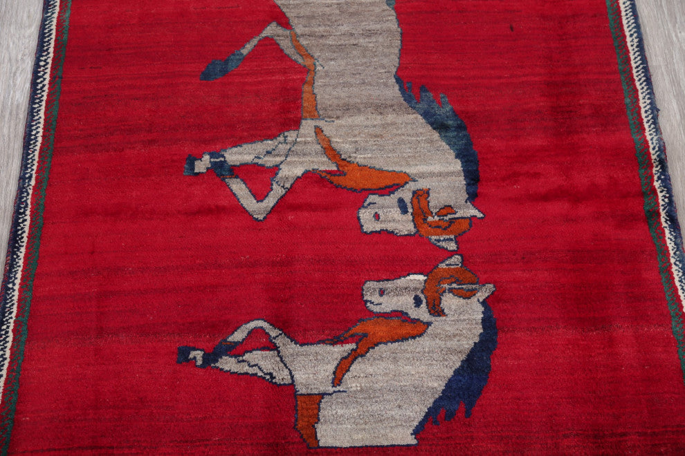Vintage-Style Hand-Knotted Novelty Traditional Persian Area Rug, Red, 5'6"x4'2