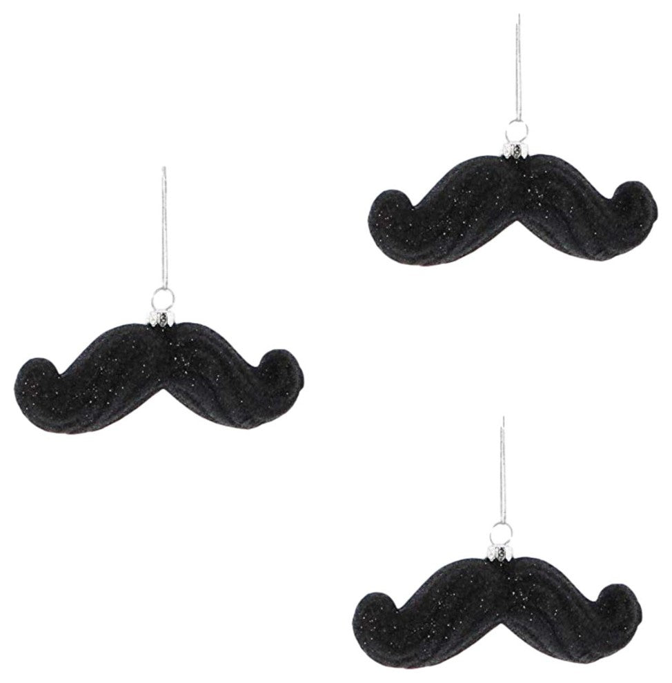 Luxe Retro Black Glass Mustache Ornament Set, Masculine Glitter Vintage Style