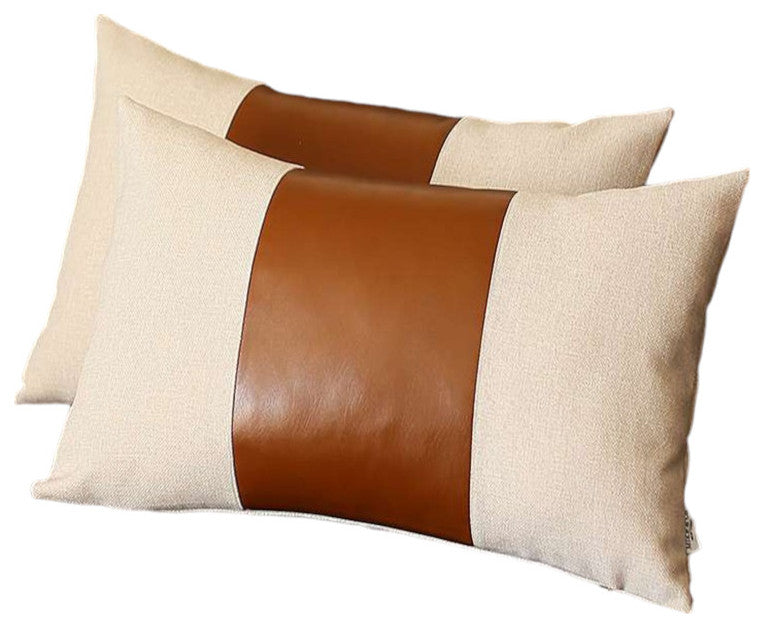 Set of 2 Brown Faux Leather Lumbar Pillow Covers