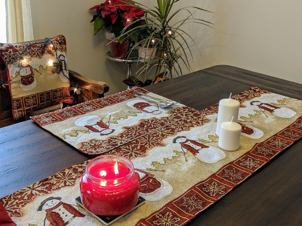 Mr. and Mrs. Snowman Couple Woven Tapestry Table Runner, 13"x90"