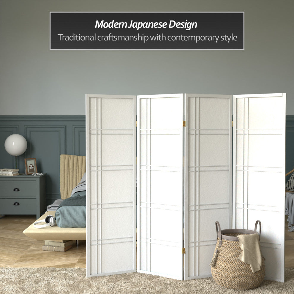 5' Tall Double Cross Shoji Screen, White, 4 Panels