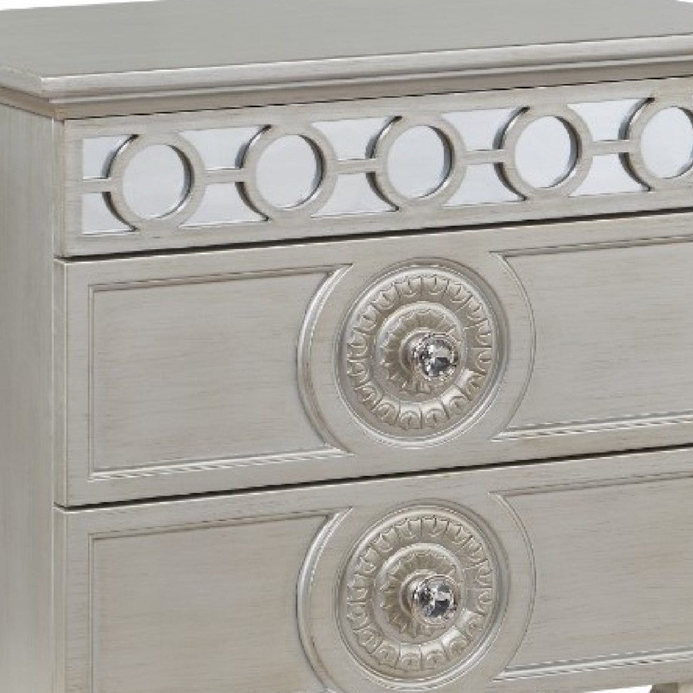 Benzara BM275683 Modern Nightstand With 2 Drawers, Mirror Inlay Trim, Silver
