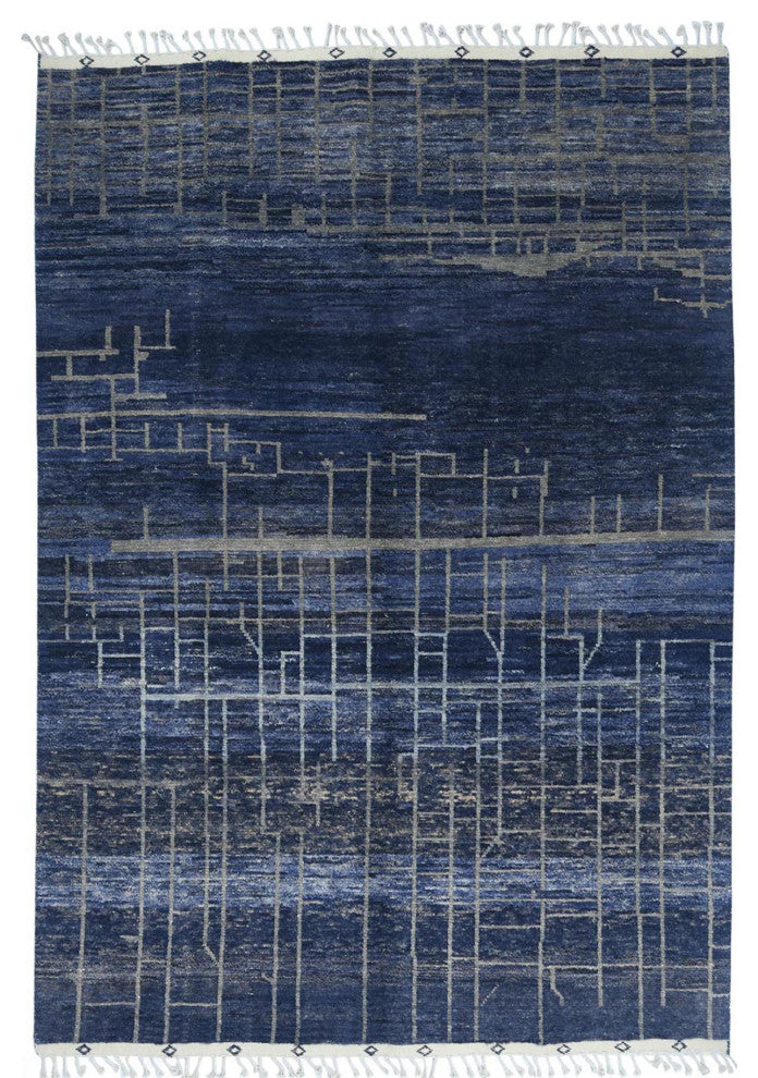 Denim Blue, Hand Knotted Ben Ourain Moroccan Berber Soft Wool Rug, 9'x12'5"