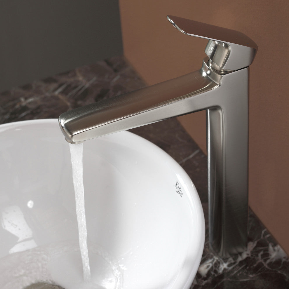 Elavo Ceramic Round Vessel White Sink, PU Drain Satin Nickel