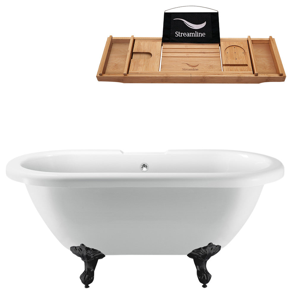 67" White Clawfoot Tub and Tray, Black Feet, Chrome External Drain