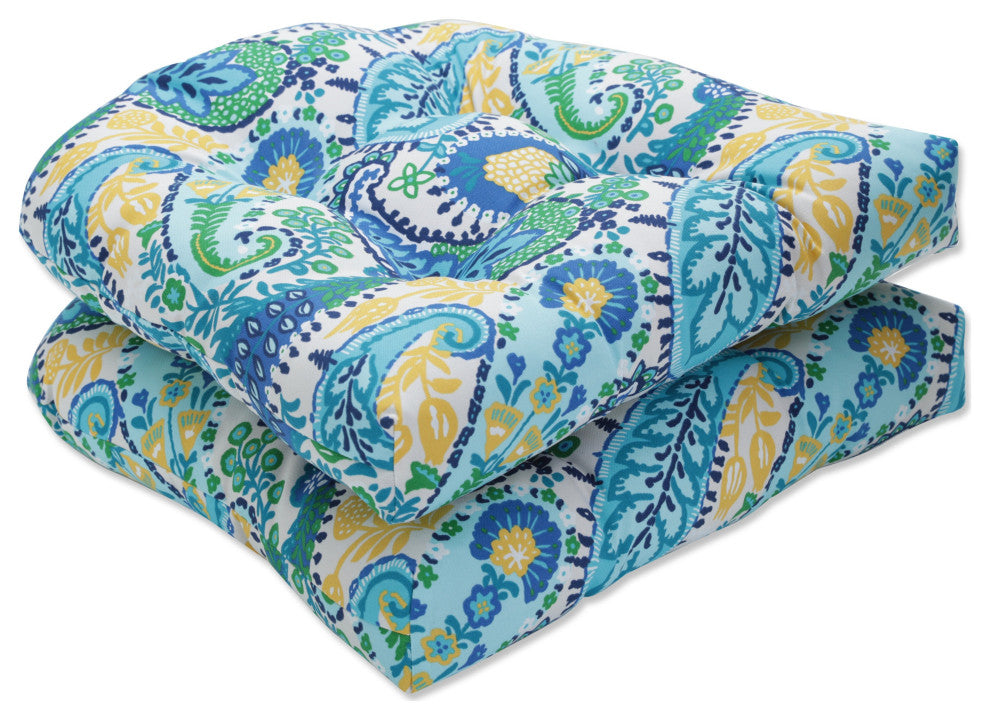 Amalia Paisley Blue Wicker Seat Cushion, Set of 2