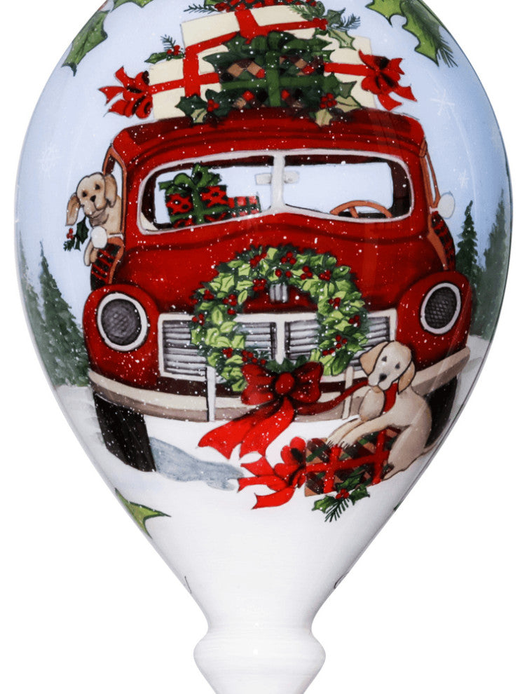 Puppy and Red Truck Christmas Wreath Hand Painted Mouth Blown Glass Ornament